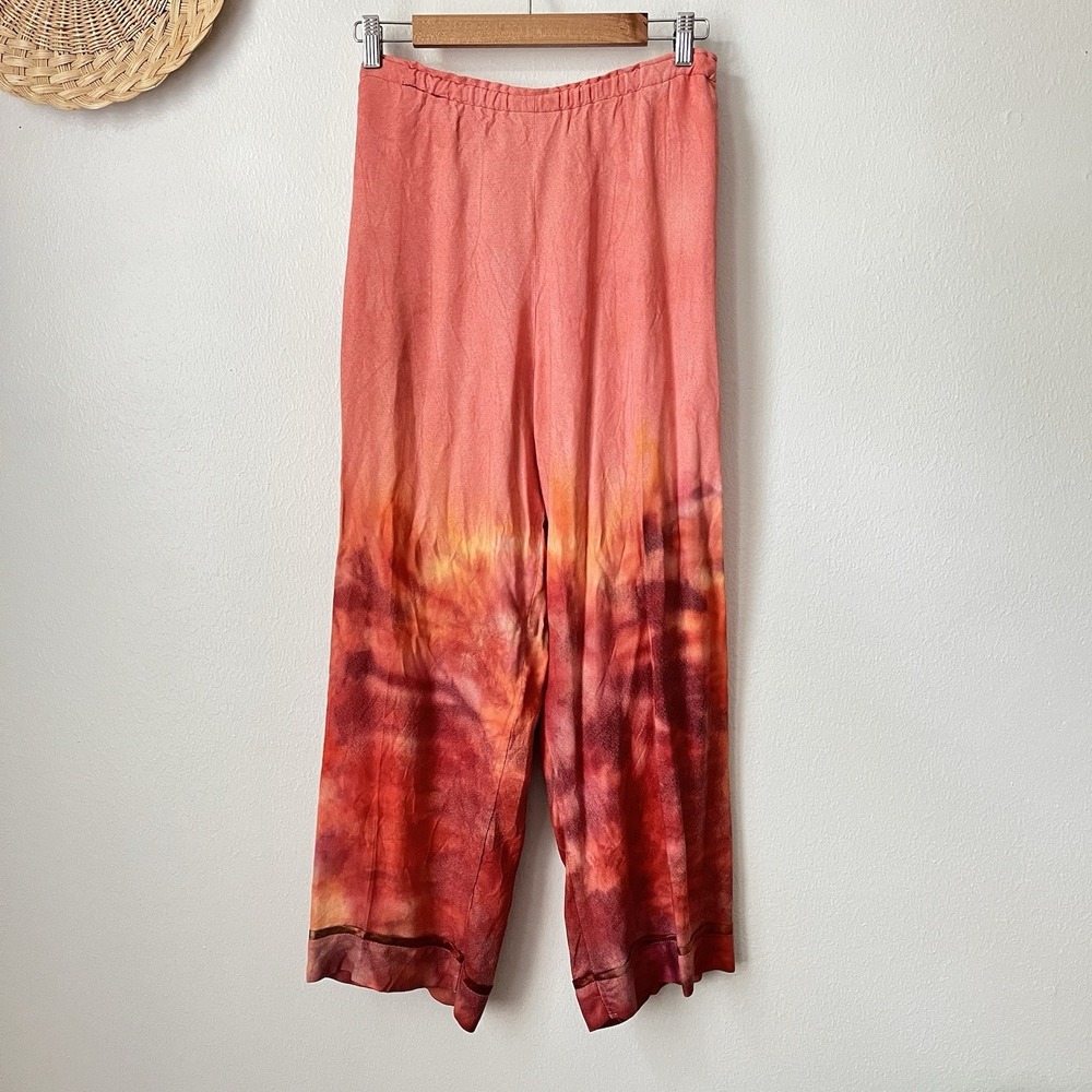 Tie Dye flowy pants embroidered hippie bohemian pink sunset colors pull on 28" w